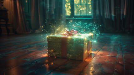 Slightly Open Gift Box Emitting Magical Rays, Dramatic Room Setting
