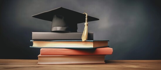 Graduation Cap on Leather Bound Books with Golden Accents. Academic Success Concept with Copy Space. Ideal for Commencement Announcements, Education Themes, or Achievement Celebrations.