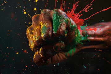black mans hand in a power fist gesture with splash of red green and yellow color on a black background for Juneteenth