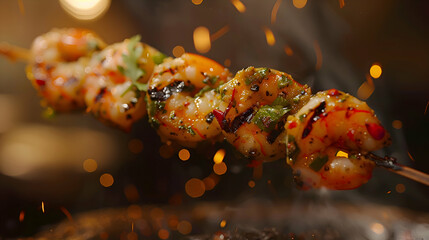 A close-up of a perfectly grilled shrimp skewer, adorned with colorful spices and herbs, set against a rustic wooden background with a gentle blur, evoking a tantalizing aroma