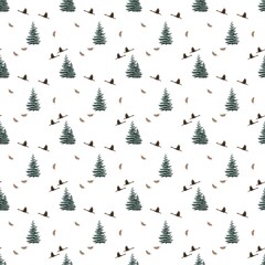 Pattern with spruce, Christmas tree, duck and feather