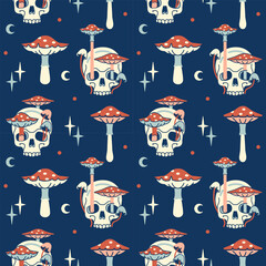 Fun and trippy seamless pattern with funguses and skull. Playful backdrop. Dark background with mushrooms