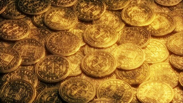 Lots Of Gold Pirate Coins Rotating
