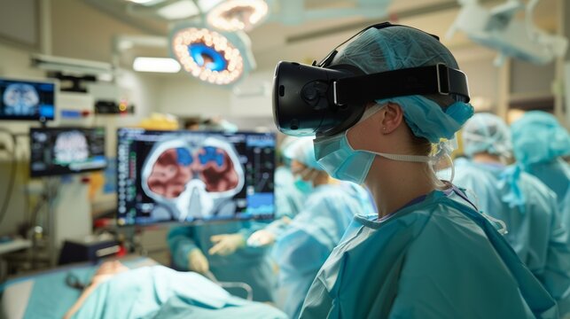 Surgeon Engaging with Virtual Reality During Surgical Procedure, medical professional wearing VR headset