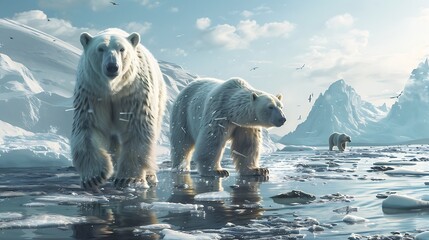 Polar bears roaming across icy terrain - obrazy, fototapety, plakaty