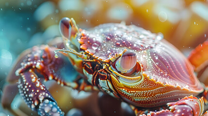 A close-up shot of a crab's intricate shell, glistening with droplets of water, against a blurred backdrop of colorful coral reefs