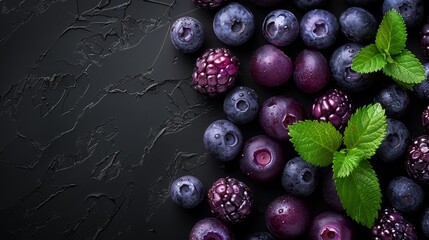   Blueberries, raspberries, and a mint leaf on a black background - obrazy, fototapety, plakaty