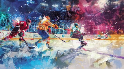 ice hockey players skating on stadium, art illustration - obrazy, fototapety, plakaty