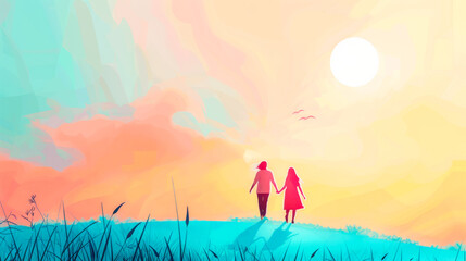 Illustration of a couple walking hand in hand in a vibrant landscape