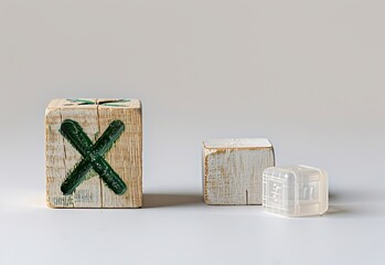 A wooden block with the letter "X" painted in green, and another one next to it on a white background