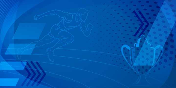Runner themed background in blue tones with abstract curves and dots, with sport symbols such as a male athlete, running track and a cup