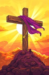 A wooden cross on a hill with a purple cloth wrapped around it, in the style of a vector illustration, against an easter background, with a bright orange sky and yellow sun rays, in a flat design styl