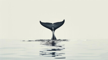 Monochrome illustration of a whale tail immersing in the water