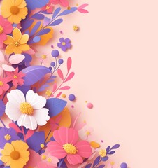 summer flowers and plants on pink background, frame for social media, greeting card, blank space for text in the center, sales promotion banner with colorful flat design style