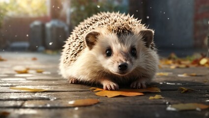 A cute hedgehog appears inquisitive on a pathway strewn with autumn leaves, evoking a sense of wonder and natural life - obrazy, fototapety, plakaty