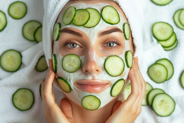 woman's face with cucumber slices, cucumber mask on face