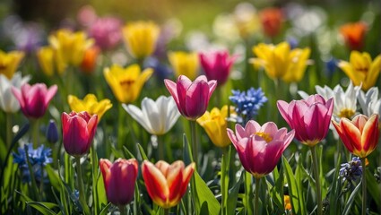 Vibrant field of multicolored tulips and other flowers, symbolizing new beginnings and natural beauty