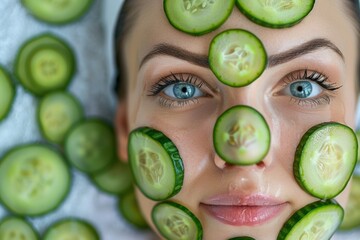 woman's face with cucumber slices, cucumber mask on face