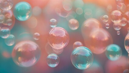 Joyful image of shiny soap bubbles floating with a bokeh effect in vibrant hues representing childhood and playfulness - obrazy, fototapety, plakaty