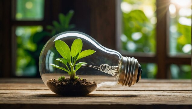 Conceptual photo showing a small green plant sprouting inside a clear lightbulb on a wooden surface with sunlight