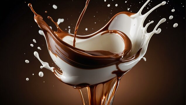 Captivating image of chocolate and milk splashing together in a dynamic and visually stunning moment