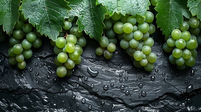   A collection of green grapes perched atop a verdant, leafy plant, adorned with water droplets on its foliage