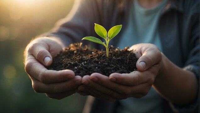 An inspiring image that captures hands carefully cradling a sprouting plant, symbolizing growth, care, and sustainability in nature