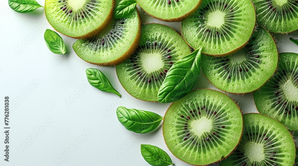 Poster a stack of sliced kiwis, each topped with a kiwi leaf, arranged on a pristine white background one k