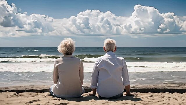 An elderly couple sits together on the sand, gazing at the expansive view of the ocean under a sky filled with puffy clouds, depicting tranquility and companionship