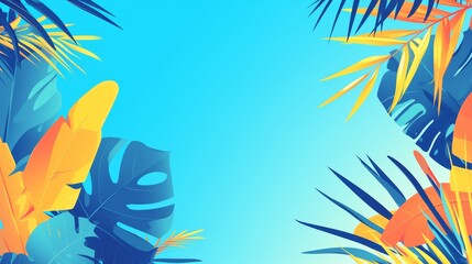 summer plants on blue background, horizontal frame for social media, greeting card, blank space for text in the center, sales promotion banner with colorful flat design style