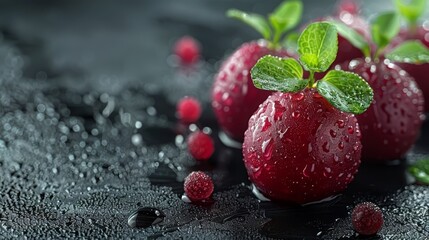   A cluster of strawberries with their leaves and water droplets against a black backdrop, adorned with water beads on the surface