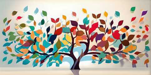 a stylized tree with a multitude of colorful leaves in various shades, giving the impression of a vibrant, abstract representation of a tree in autumn