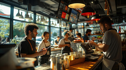 Busy Cafe During Peak Hours with Customers and Baristas