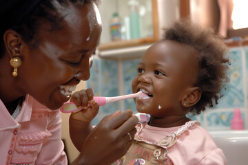 Woman Brushing Childs Teeth With Pink Toothbrush