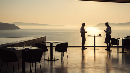Fototapeta premium Elegant Seaside Terrace Conversation at Sunset
