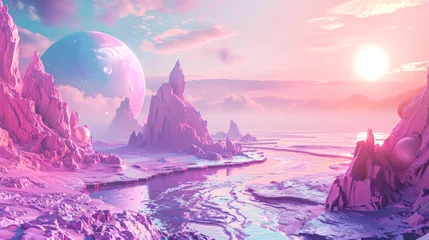 Zelfklevend Fotobehang A digital artwork of a breathtaking alien landscape under a pastel sky with enormous planets looming on the horizon, reflecting a serene yet otherworldly beauty. © Oksa Art