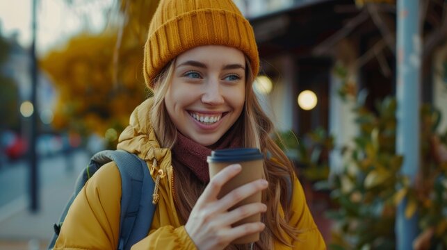 Young woman outdoors with a glass of coffee generative ai
