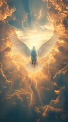 Dove of peace flying, Behold the celestial grace of the radiant white dove, a divine emissary adorned in an ethereal aura, embodying purity and serenity as it soars through the heavens - obrazy, fototapety, plakaty