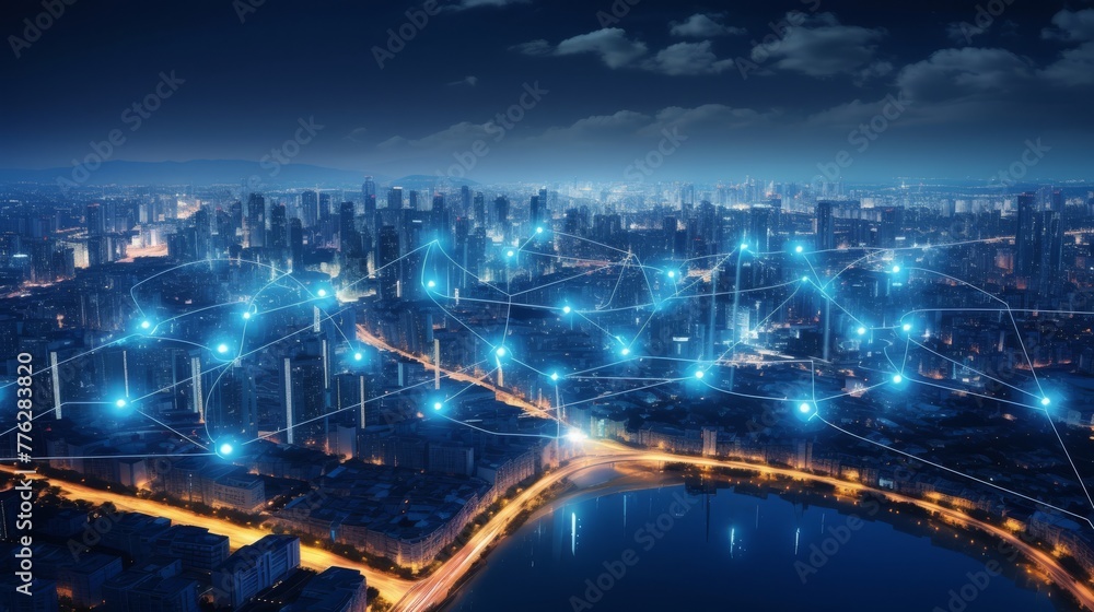 Poster imaginative visual of smart digital city with globalization abstract graphic showing connection netw