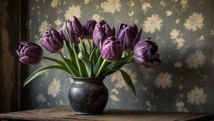 An antique vase holding blooming purple tulips against a vintage floral wallpaper background