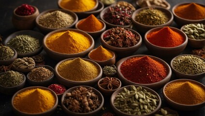 An array of colorful spices arranged in small bowls, offering both a feast for the eyes and a variety of flavors for culinary creations
