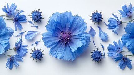   A cluster of blue flowers, arranged together on a white background, features purple centers encircled by smaller blue blossoms - obrazy, fototapety, plakaty