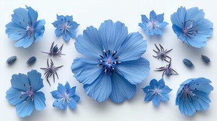   A cluster of blue flowers, each with a white background and a central blue bloom encircled by smaller blue blossoms