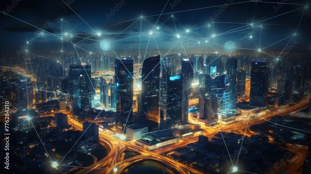 Poster imaginative visual of smart digital city with globalization abstract graphic showing connection netw