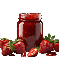 Strawberry jam in a jar and strawberries on a transparent background