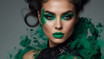 Stunning woman in green makeup surrounded by a dramatic explosion of green powder