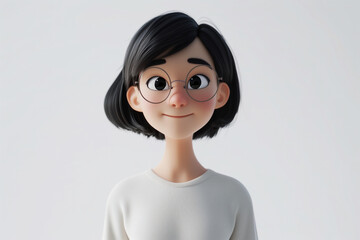 Smiling Asian cartoon character young woman female person with short black hair and glasses in 3d style design on light background. Human people feelings expression concept
