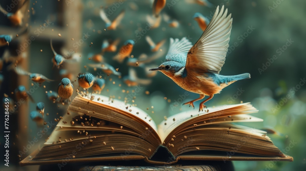 Aufkleber a book with a bird emerging from it, while more birds take flight from its open pages