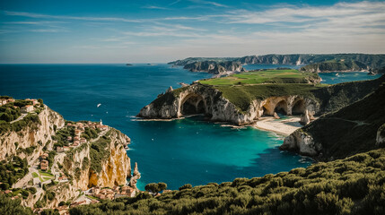 Fototapeta na wymiar Scenic rocky coastline with lush green headland and crystal blue sea under clear sky