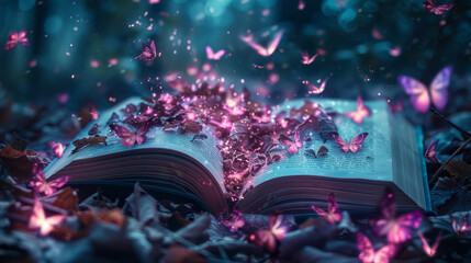   A book surrounded by butterflies, unfurling their wings, atop a bed of vibrant flowers in a lush, sunlit grassy meadow